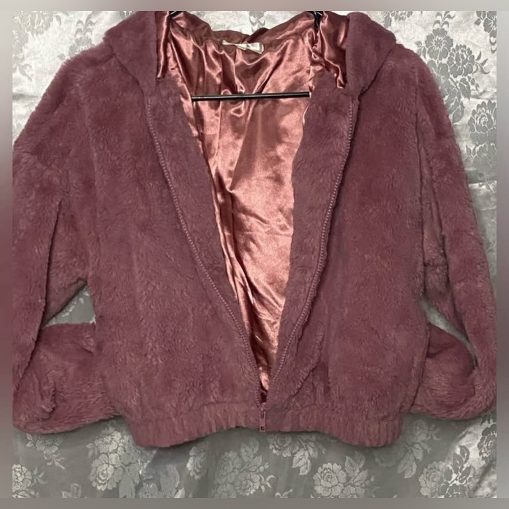 Stella Tweed Mauve Cropped Hoodie, Cozy, Soft, Zip Front, Satin Lining